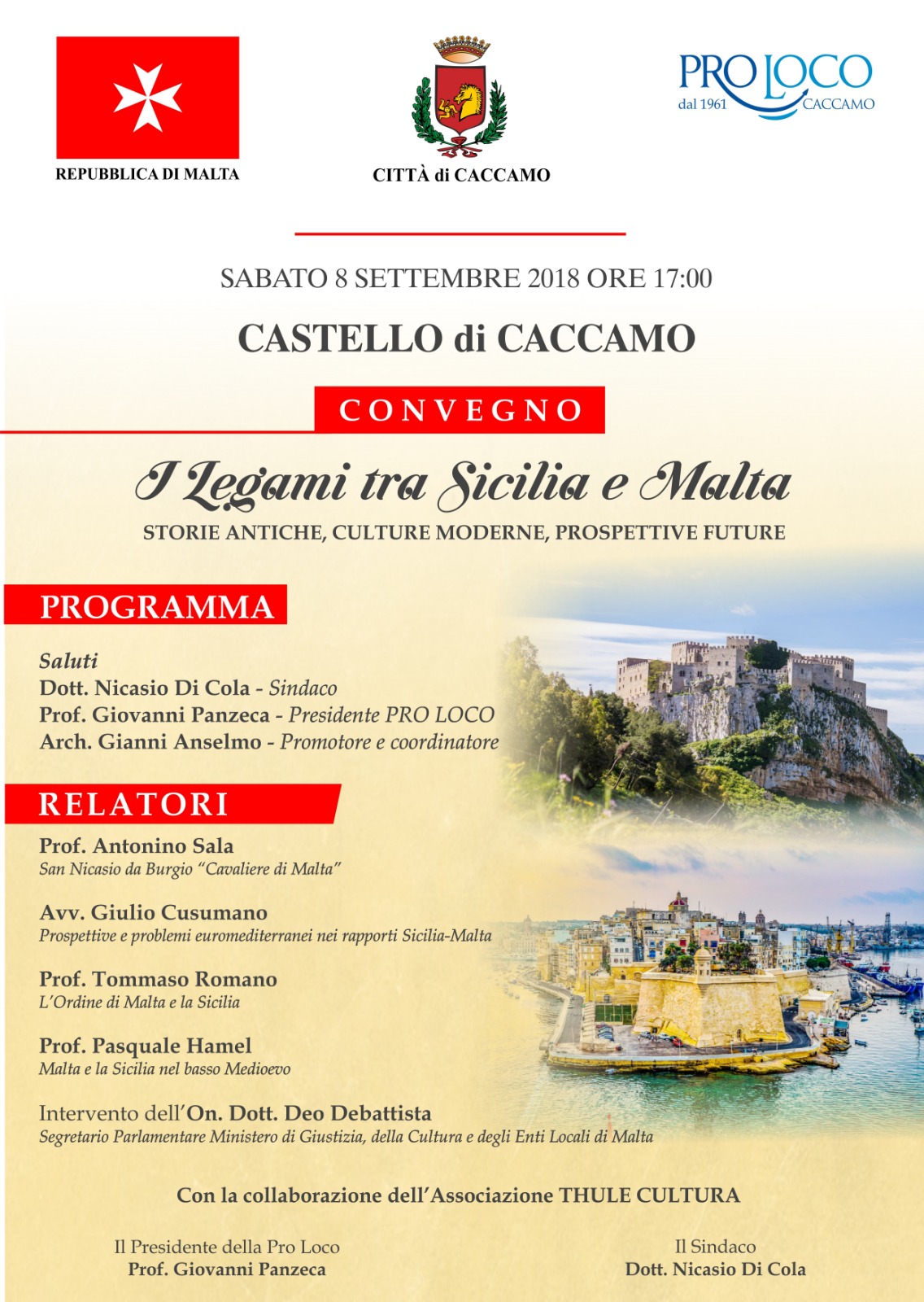 Convegno sul tema "I Legami tra Sicilia e Malta", Sabato 8 Settembre 2018 al Castello di Caccamo