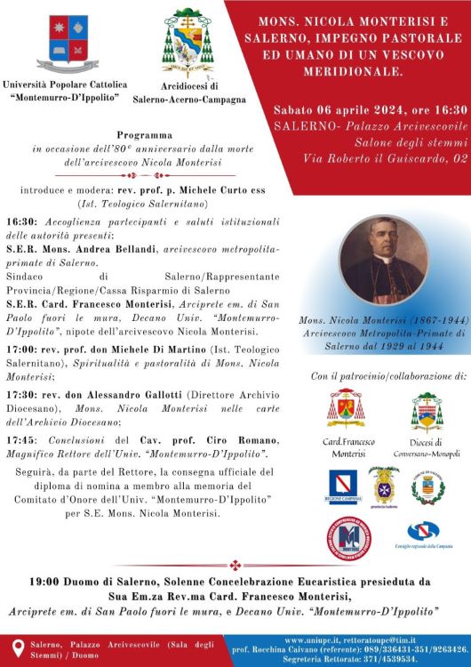 Convegno su "Mons. Nicola Monterisi e Salerno, impegno pastorale ed umano di un Vescovo meridionale". Sabato 6 aprile 2024 a Salerno