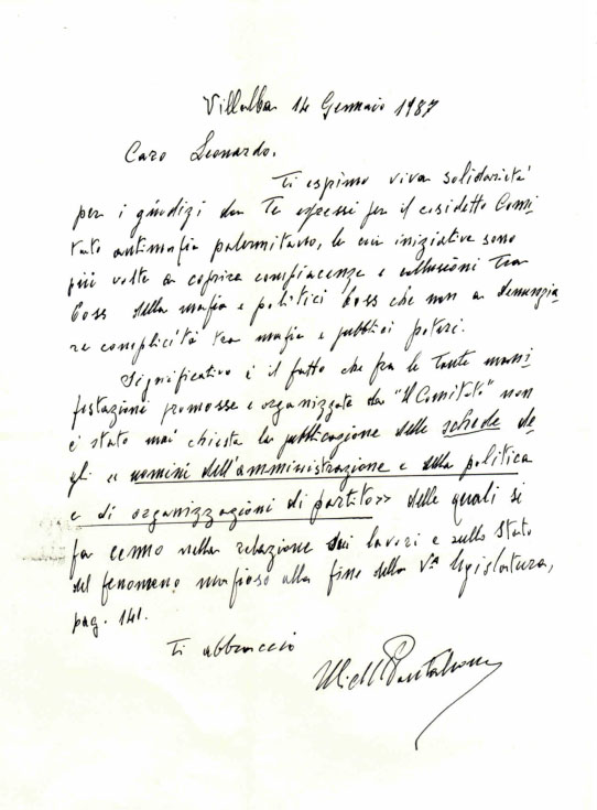 Un’inedita lettera di Michele Pantaleone a Leonardo Sciascia.