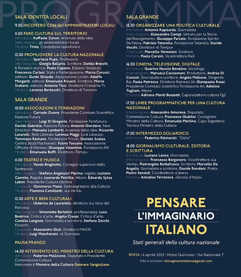 Programma del convegno “Pensare l’immaginario italiano. Stati Generali della cultura nazionale” che si terrà il 6 aprile a Roma