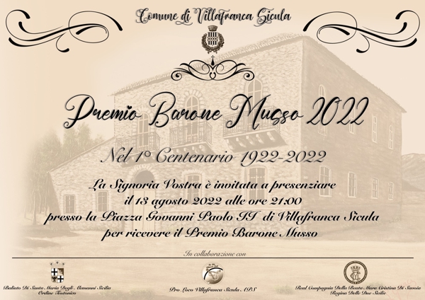 Consegna del Premio "Barone Musso", sabato 13 agosto 2022 a Villafranca Sicula