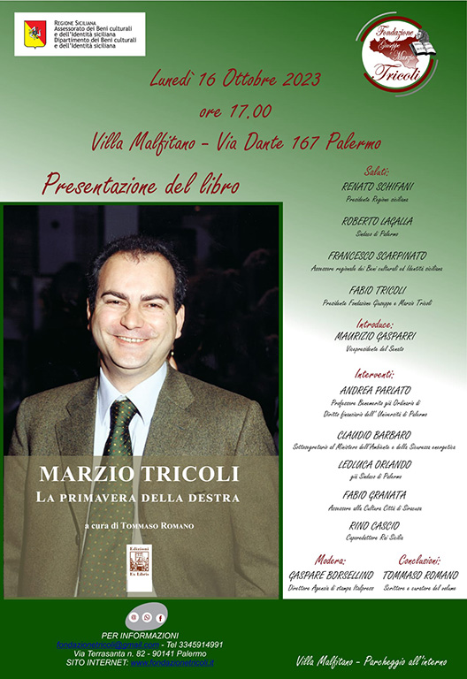 Un libro ricorda Marzio Tricoli. Lunedì 16 ottobre presentazione a Villa Malfitano di Palermo