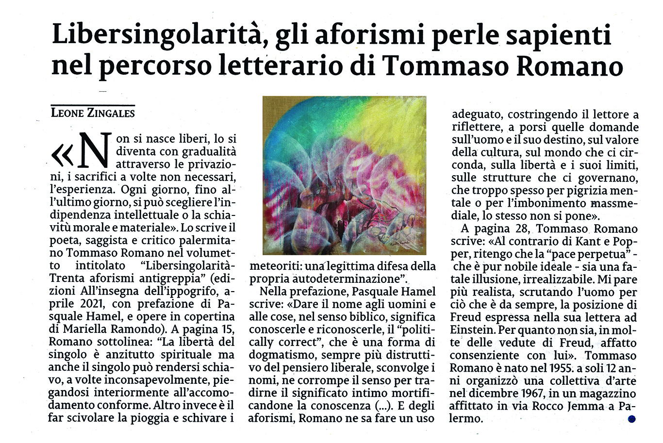 "Libersingolarità, gli aforismi perle sapienti nel percorso letterario di Tommaso Romano" - di Leone Zingales  