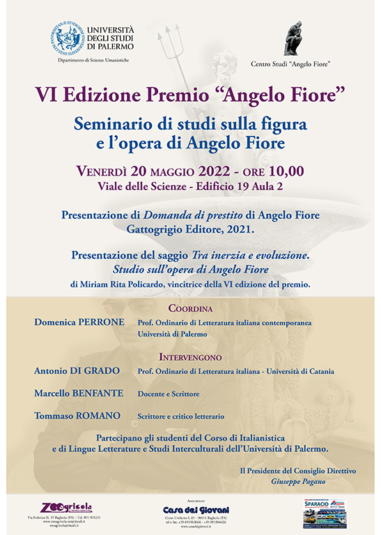 Seminario di studi sulla figura e l’opera di Angelo Fiore e VI Edizione Premio “Angelo Fiore”. Venerdì 20 maggio 2022 a Palermo