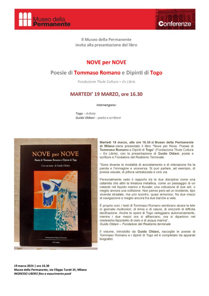 Presentazione del volume "NOVE per NOVE. Poesie di Tommaso Romano e Dipinti di Togo". Museo della Permanente di Milano, martedì 19 marzo 2024