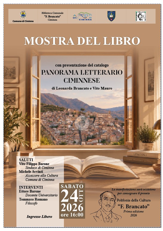 "Mostra del libro" e presentazione del catalogo "Panorama letterario ciminnese"; sabato 24 ottobre 2026 a Ciminna (PA) 