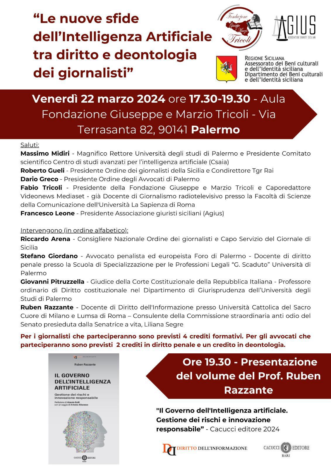 "Intelligenza Artificiale", seminario venerdì alla Fondazione Tricoli di Palermo