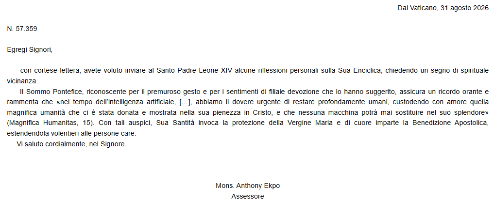 Riscontro dal Vaticano per Tommaso Romano e Antonino Sala sulla dichiarazione sull’ Enciclica di S.S. Leone XIV “Magnifica Humanitas” del 25 maggio 2026 A.D.